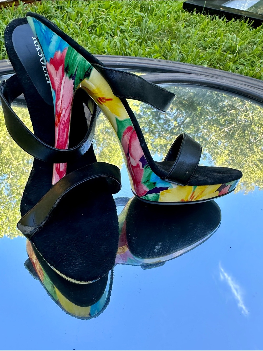 Black Sandal Heels with Multicolor Floral Platform
